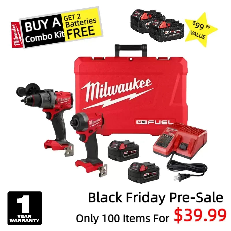 Milwaukee M18 FUEL 18V Cordless 2-Tool Combo Kit w/ 5.0AH Batteries, Black Friday Pre-Sale Only $39.99 and 2 Additional 5.0AH Batteries For The First 100 Customers