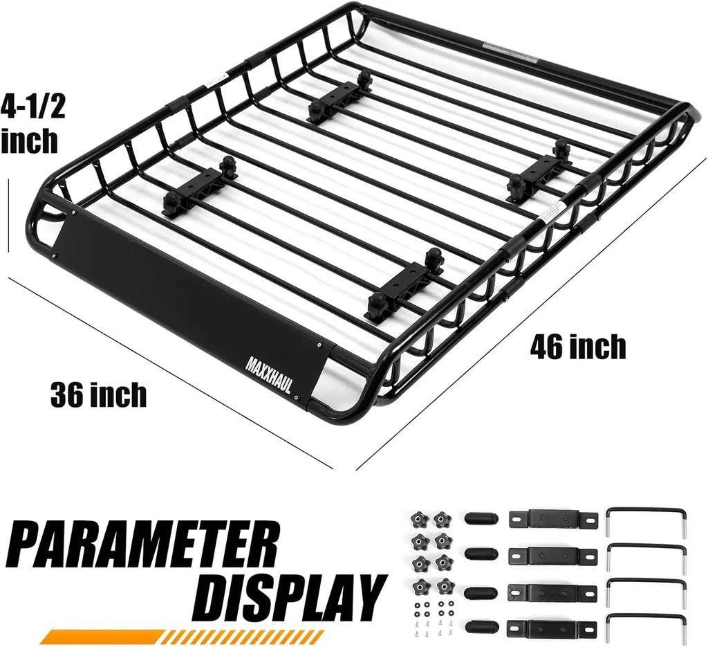 MaxxHaul 70115 46 x 36 x 4-1/2 Roof Rack Rooftop Cargo Carrier Steel Basket, Car Top Luggage Holder for SUV and Pick Up Trucks - 150 lb. Capacity, Black