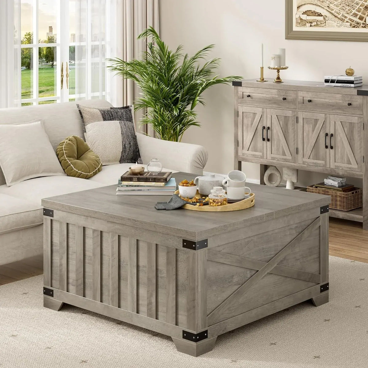 Farmhouse Coffee Table with Storage, Square Center Table with Hinged Lift Top