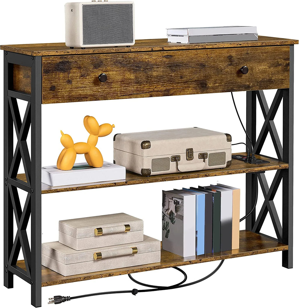 Console Table with Drawer, Entryway Table with 3 Tier Storage Shelves, Narrow Long Sofa Table for Entryway, Living Room, Hallway, Couch, Kitchen, Metal Frame, Rustic ftp