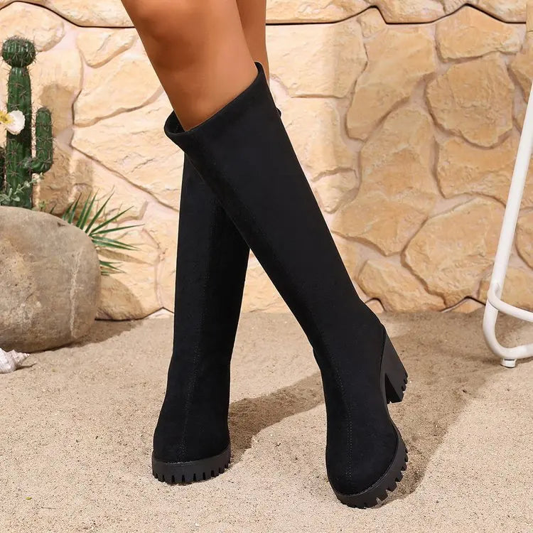 Knee High Block Heel Boots with Back Zipper and Textured Sole, Round Toe