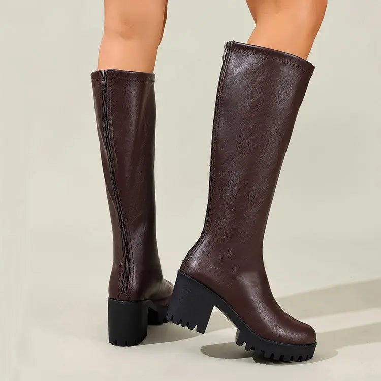 Knee High Block Heel Boots with Back Zipper and Textured Sole, Round Toe