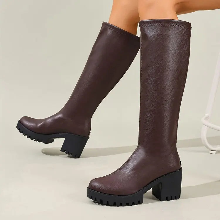 Knee High Block Heel Boots with Back Zipper and Textured Sole, Round Toe