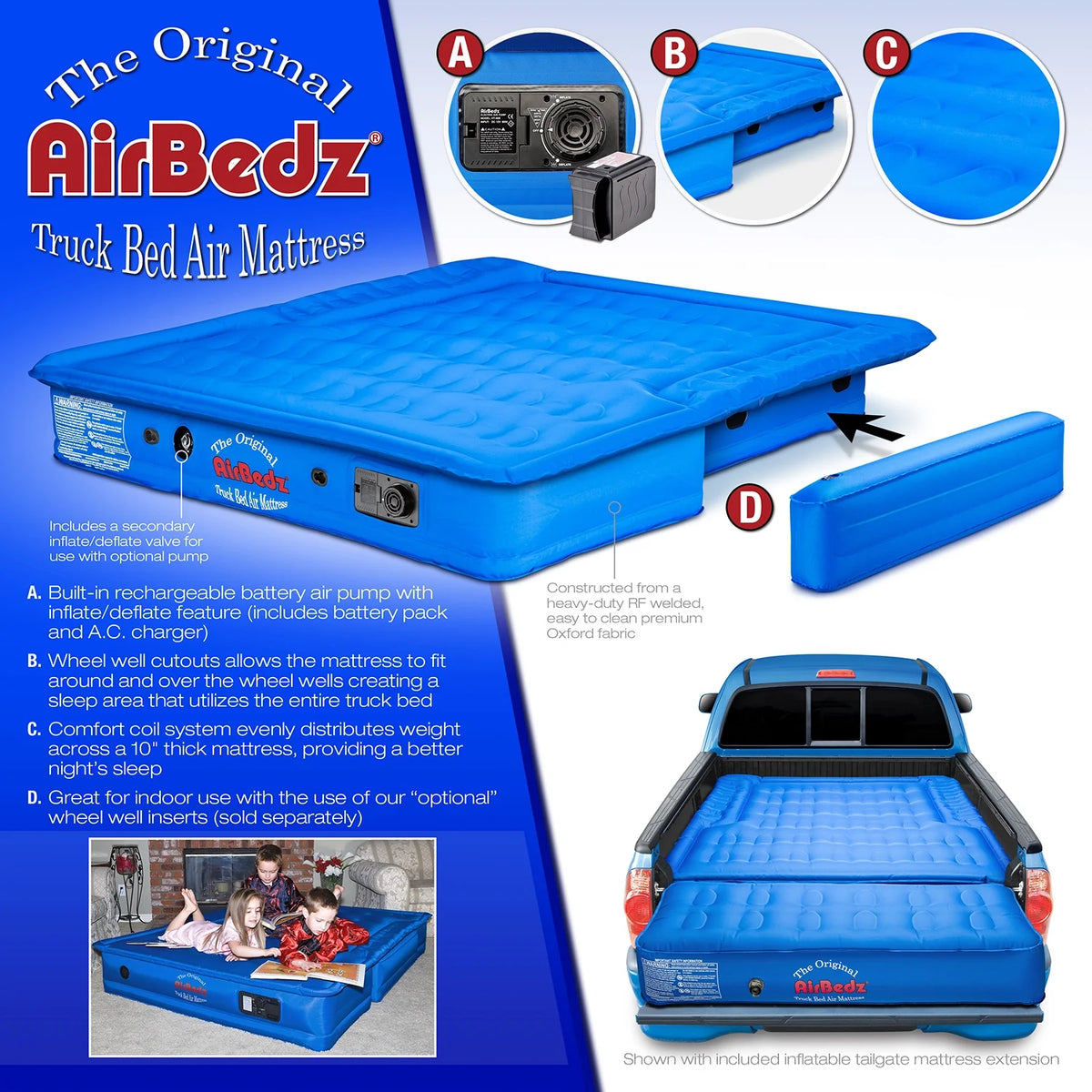 Airbedz by Pittman Outdoors Truck bed Air Mattress Mid Size 5Ft-5.5Ft Short Bed With Built-In Rechargeable Battery Air Pump Includes Tailgate Extension