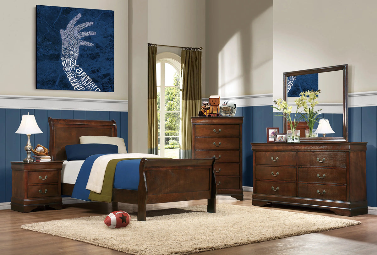GeeHome Classic Louis Philipe Style Twin Size Bed Brown Cherry Finish 1pc Traditional Design Bedroom Furniture Sleigh Bed