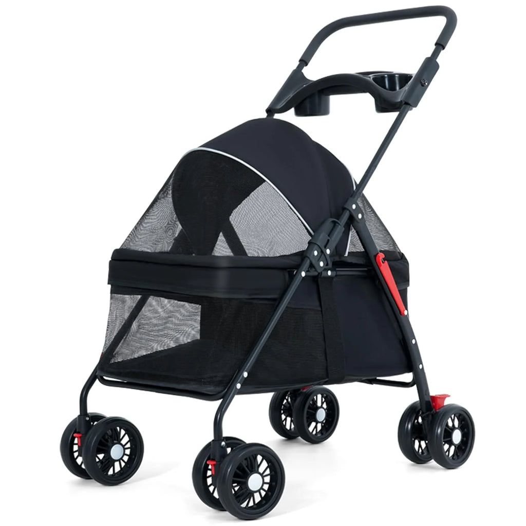 Pet Stroller 4 Wheels Dog Cat Stroller,Pet Folding Stroller,Foldable Dog Cat Cage Jogger Stroller with Storage Basket and Cup Holder,Breathable and Visible Mesh for Medium Small Dogs Cats
