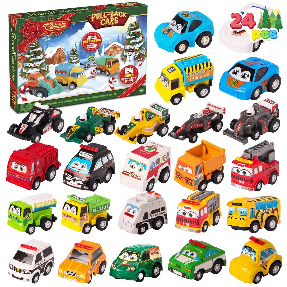 Pull Back Car Advent Calendar with 24 Toy Vehicles and Numbered Doors for Ages 3 and Above