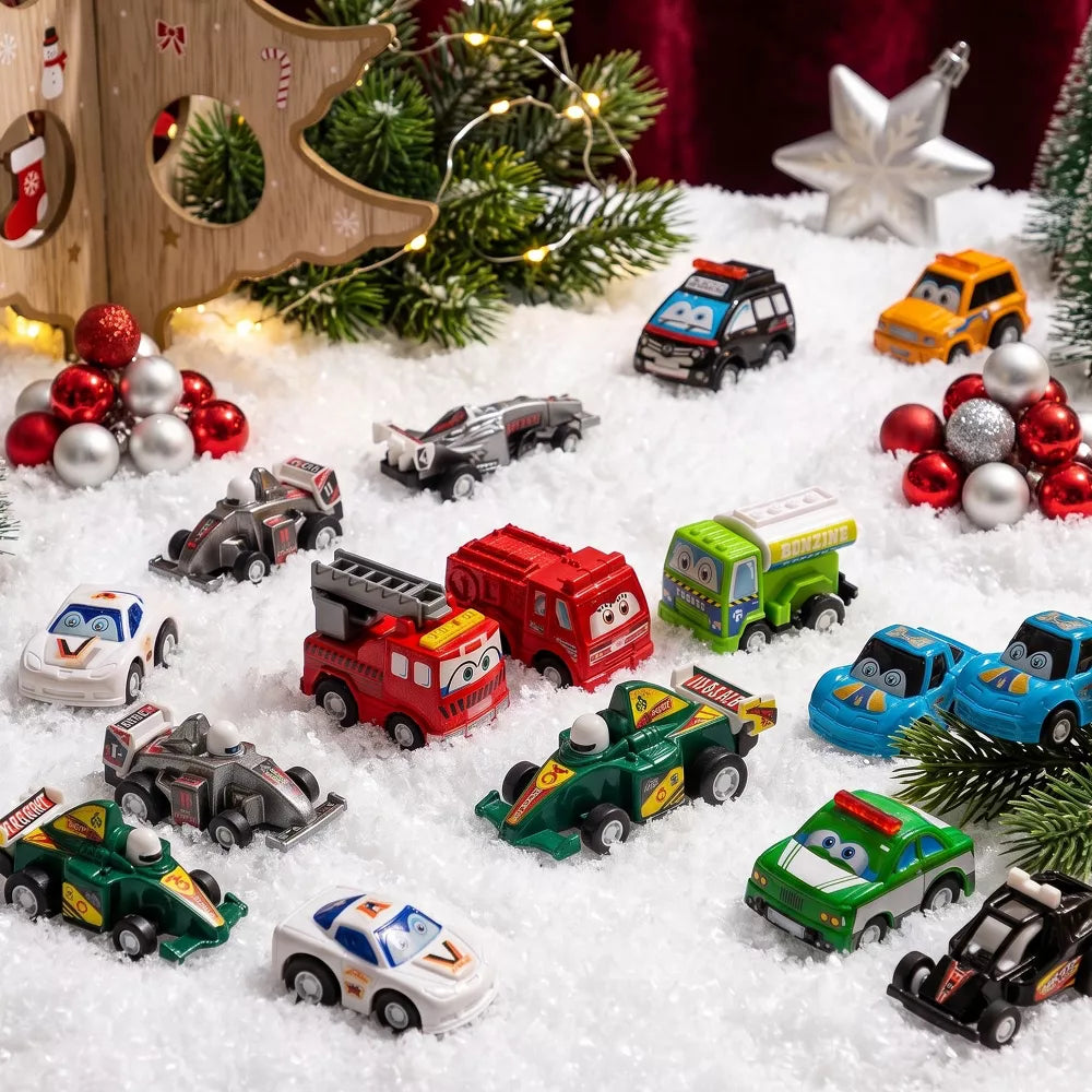 Pull Back Car Advent Calendar with 24 Toy Vehicles and Numbered Doors for Ages 3 and Above