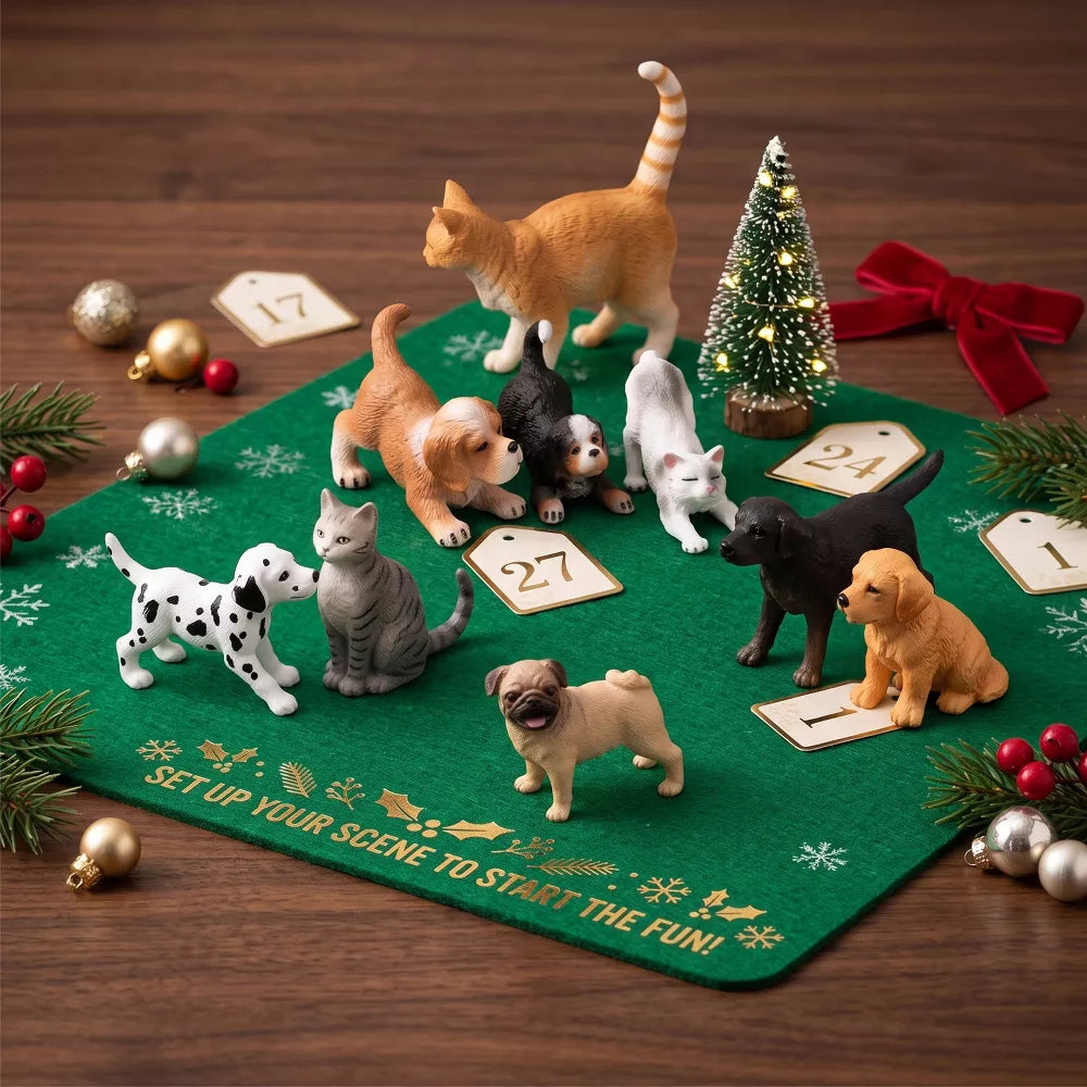 Pet Advent Calendar with 24 Dog and Cat Figurines and Interactive Play Mat