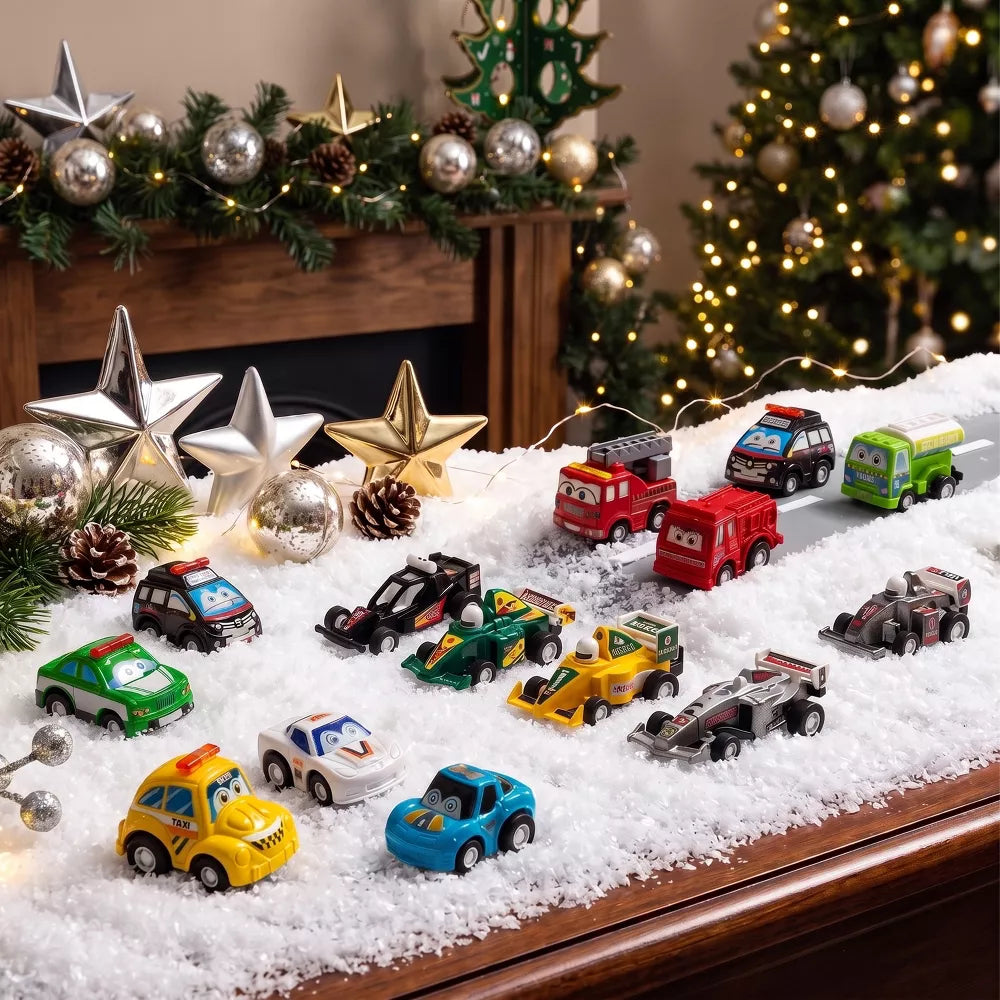 Pull Back Car Advent Calendar with 24 Toy Vehicles and Numbered Doors for Ages 3 and Above