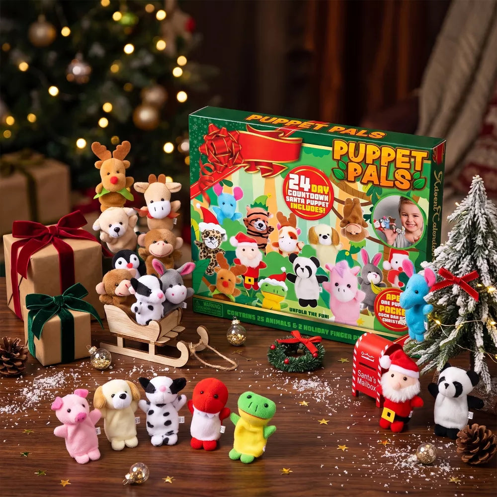 Plush Finger Puppet Advent Calendar with 24 Animal Characters and Reusable Storage Box