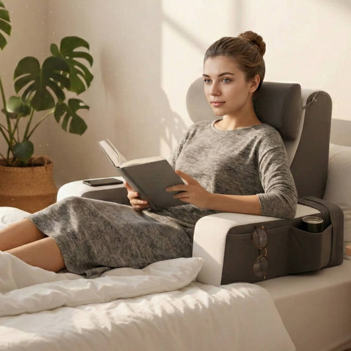 Memory Foam Bed Rest Pillow with Arms & Big Pockets for Adults, Reading Pillow for Bed