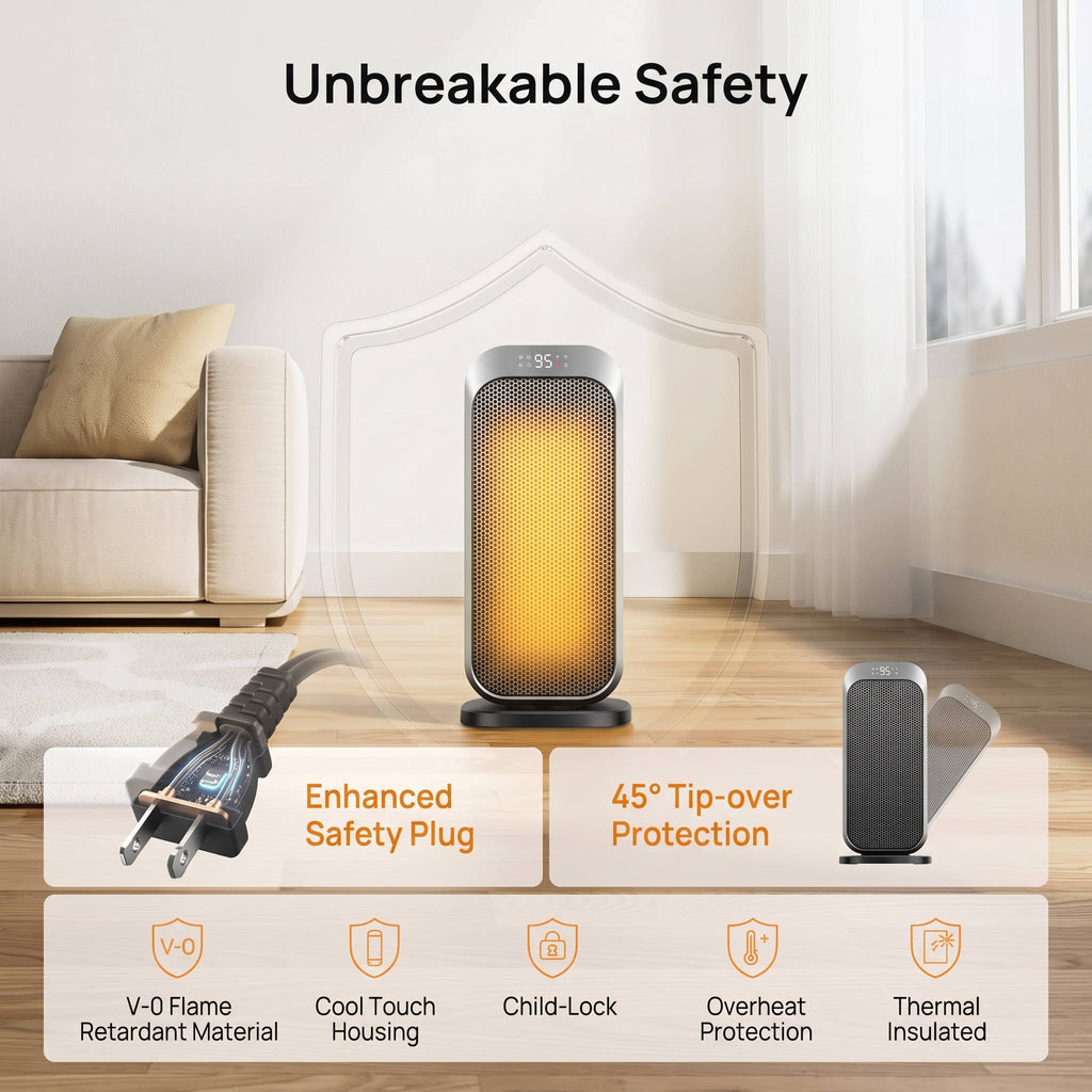 Quiet Portable Space Heater, Electric Indoor Heater with Remote Control for Home, Office and Bedroom