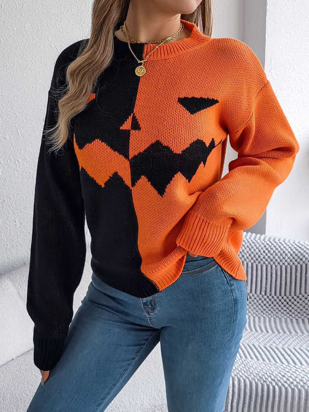 Pullover Knit Sweater with Jack O Lantern Design and Ribbed Cuffs, Midi Length