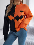 Pullover Knit Sweater with Jack O Lantern Design and Ribbed Cuffs, Midi Length