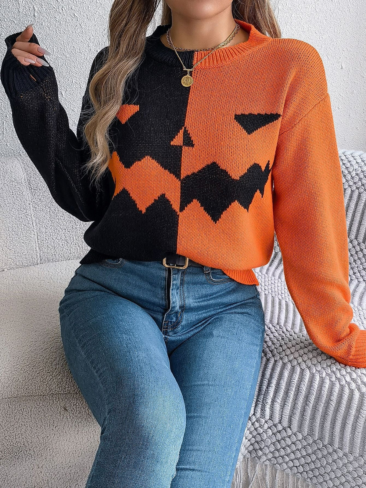 Pullover Knit Sweater with Jack O Lantern Design and Ribbed Cuffs, Midi Length