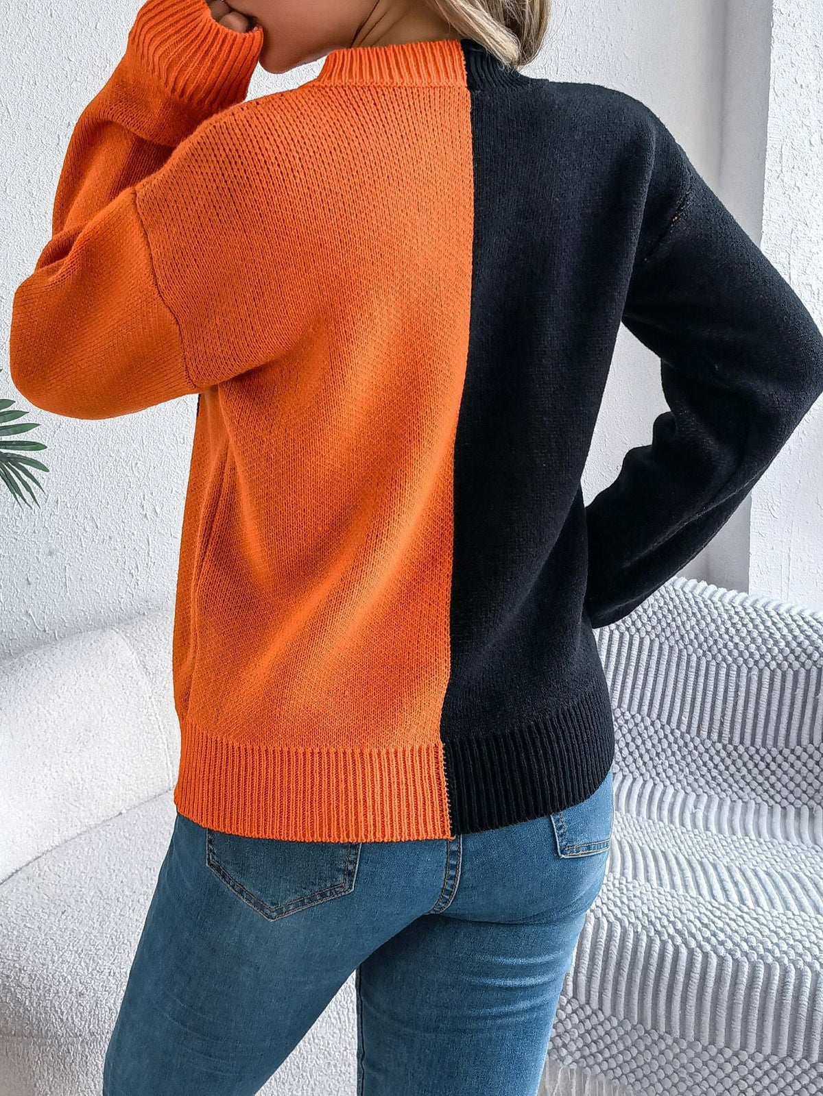 Pullover Knit Sweater with Jack O Lantern Design and Ribbed Cuffs, Midi Length