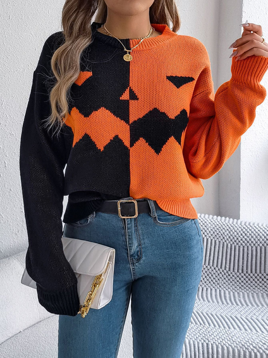 Pullover Knit Sweater with Jack O Lantern Design and Ribbed Cuffs, Midi Length