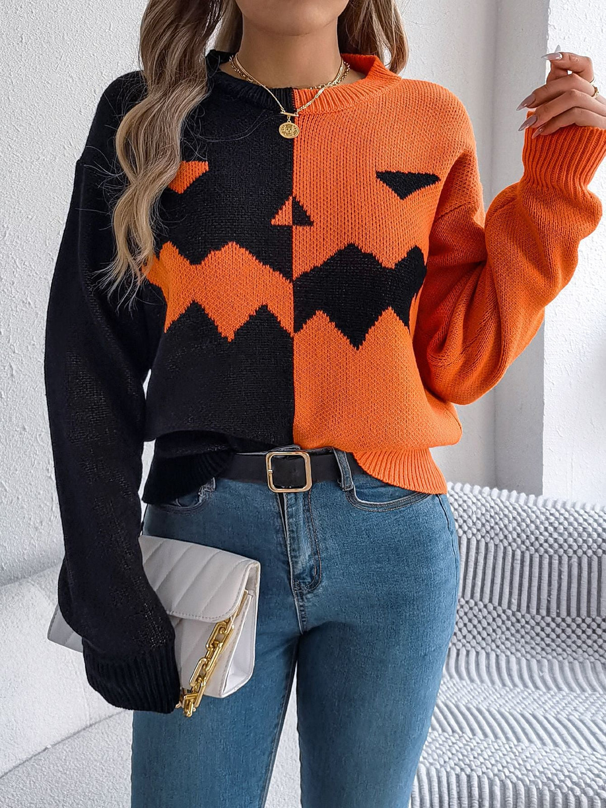 Pullover Knit Sweater with Jack O Lantern Design and Ribbed Cuffs, Midi Length