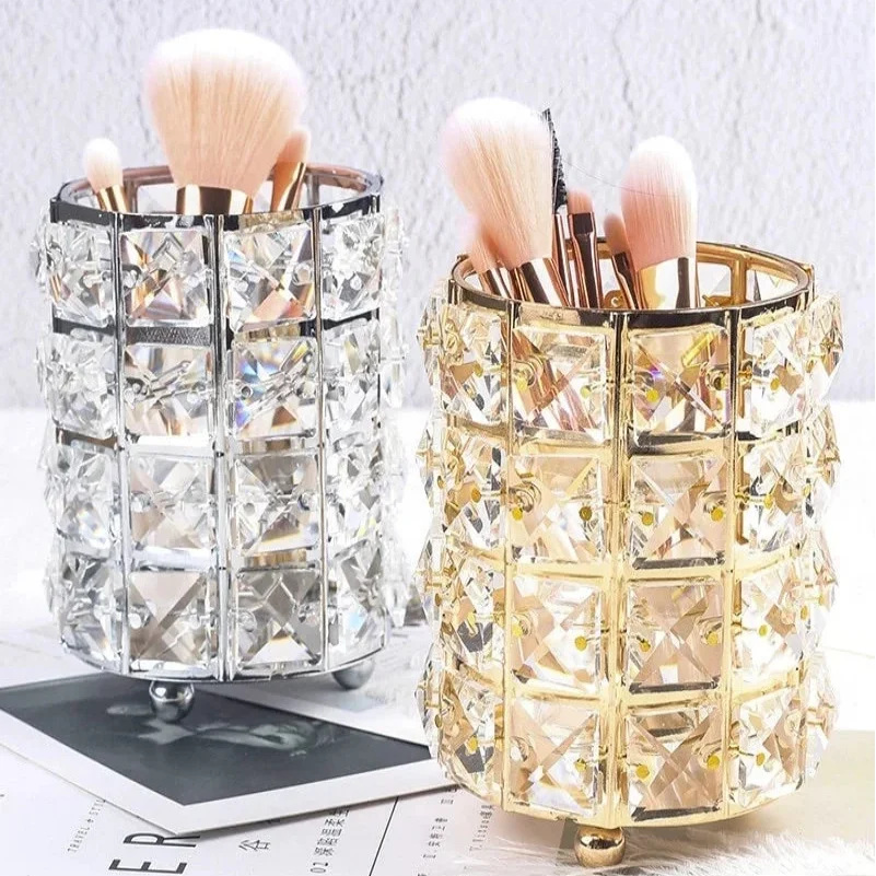 Makeup Brush Holder with Crystal Beads and Stainless Steel Frame, Gold or Silver