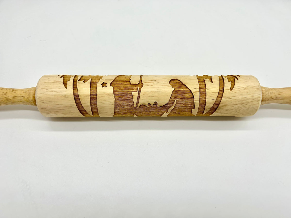 Nativity Scene Embossed Wooden Rolling Pin with 10-Inch Barrel