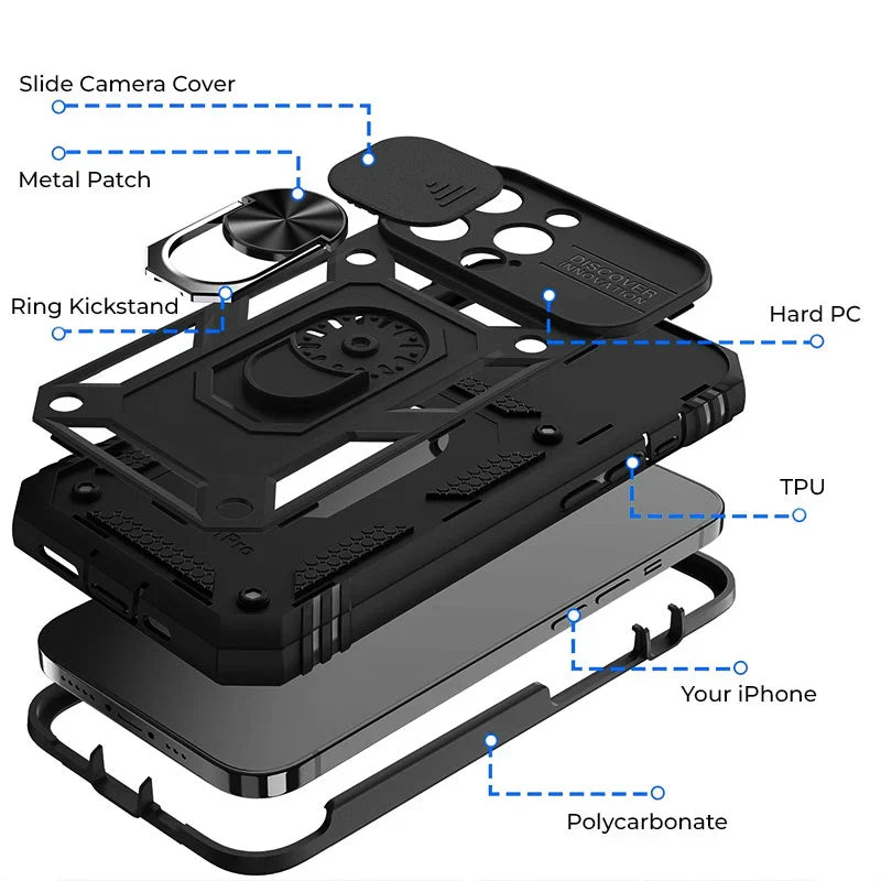 Phone Case with Magnetic Kickstand and Camera Slider for Models  12-16