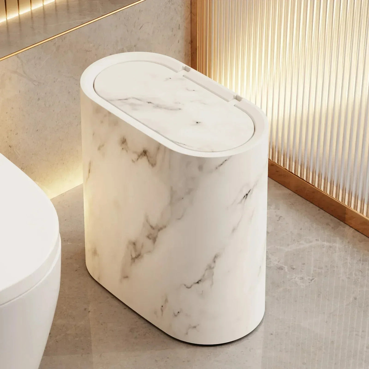 Push Top Trash Can with Marble Texture and Elliptical Corner  Shape