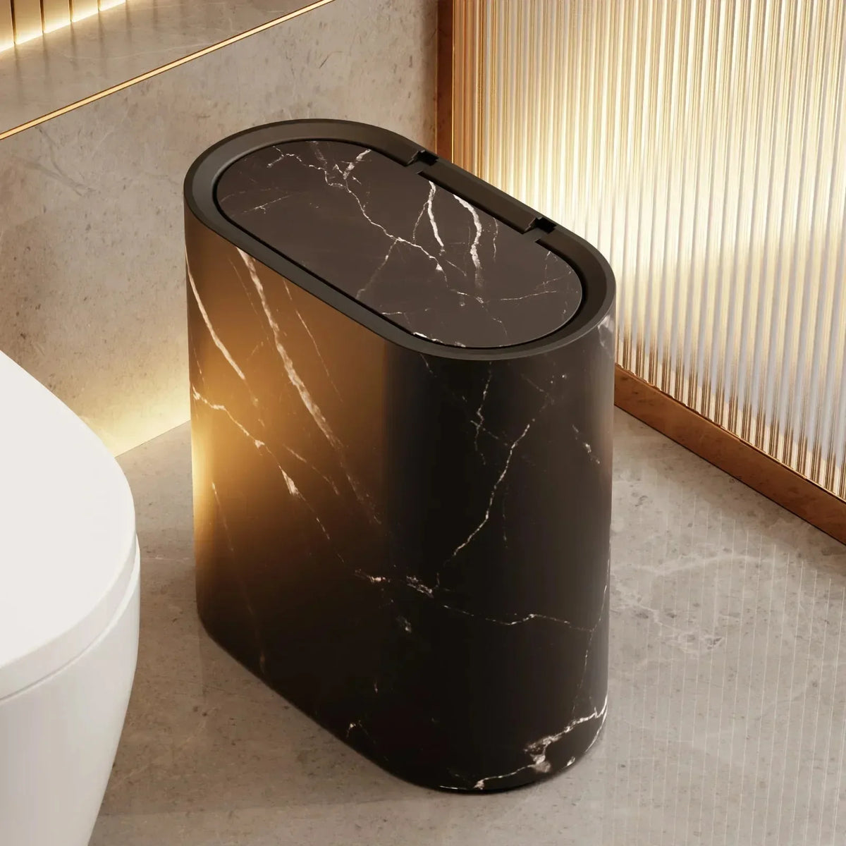 Push Top Trash Can with Marble Texture and Elliptical Corner  Shape