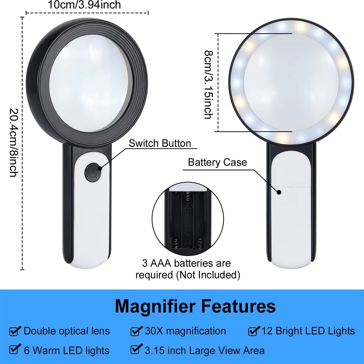 Powerful 30x Handheld Magnifying Glass with LED Lights for Seniors