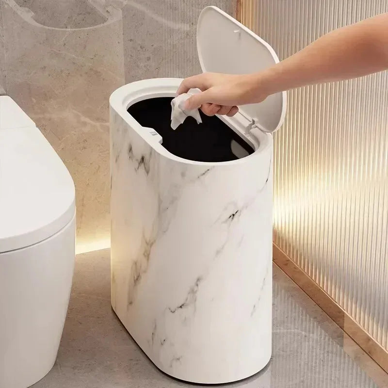 Push Top Trash Can with Marble Texture and Elliptical Corner  Shape