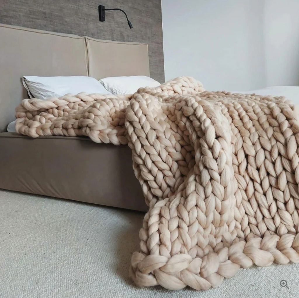Knitted Throw Blanket with Natural Fibers and Hand-Textured Design, All-Season  Use