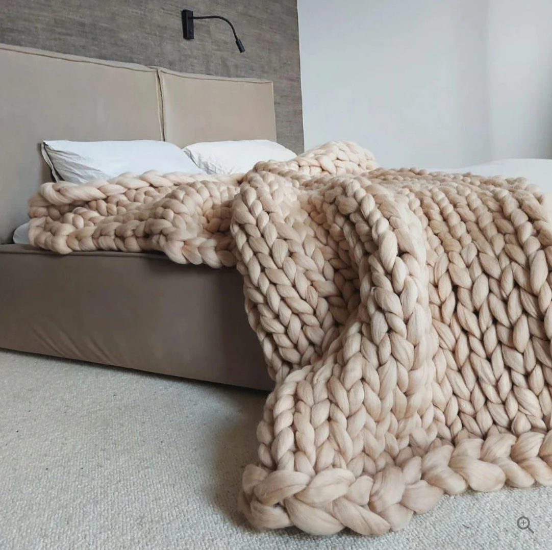 Knitted Throw Blanket with Natural Fibers and Hand-Textured Design, All-Season  Use