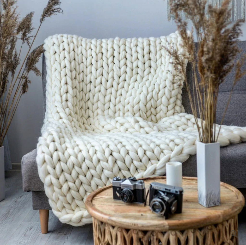 Knitted Throw Blanket with Natural Fibers and Hand-Textured Design, All-Season  Use