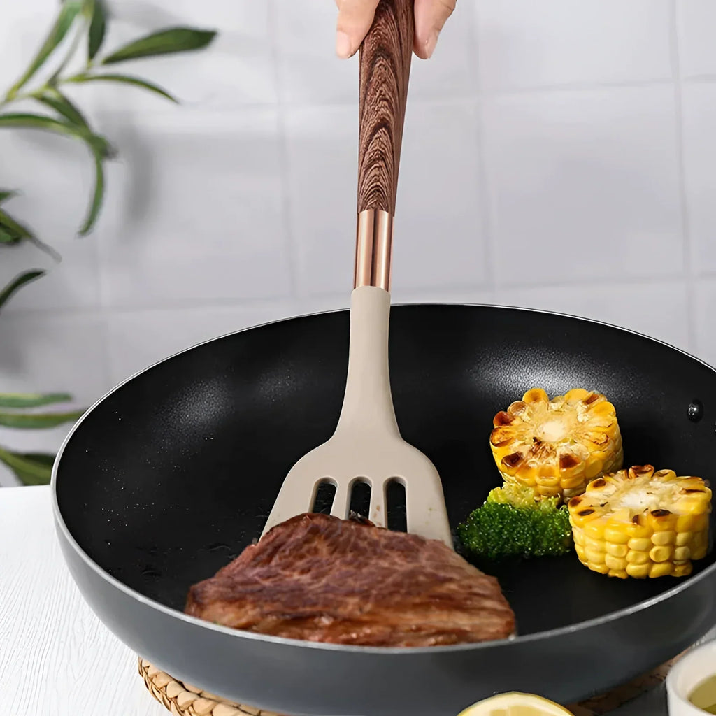 Kitchen Utensils Set with Silicone Heads and Wooden Handles,  10-Piece