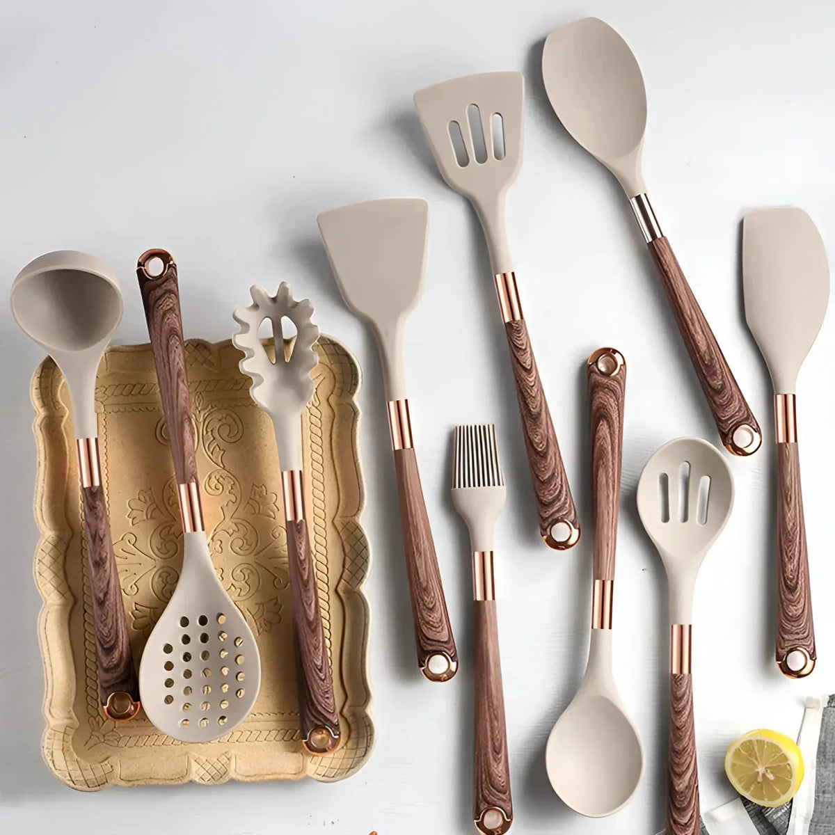 Kitchen Utensils Set with Silicone Heads and Wooden Handles,  10-Piece