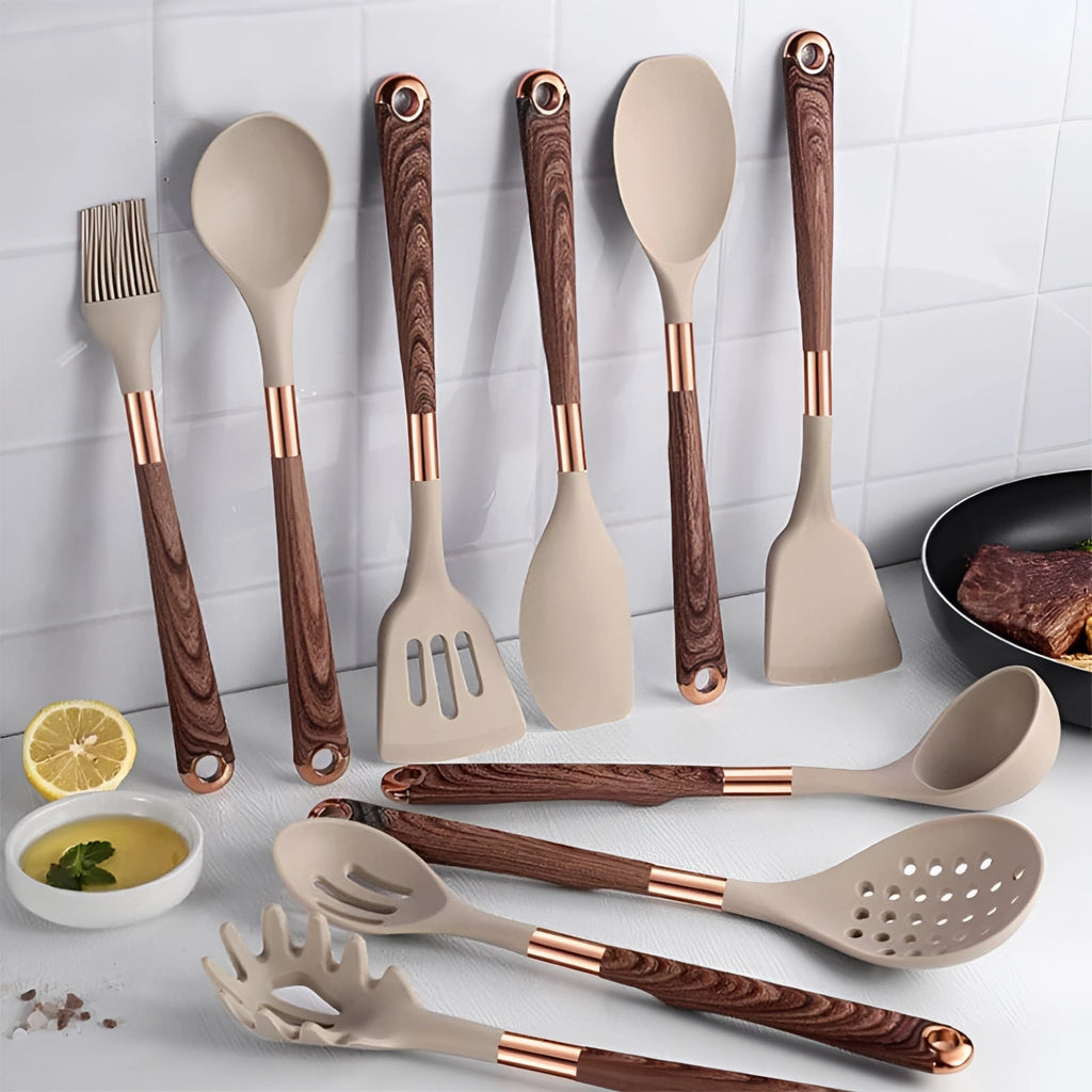 Kitchen Utensils Set with Silicone Heads and Wooden Handles,  10-Piece