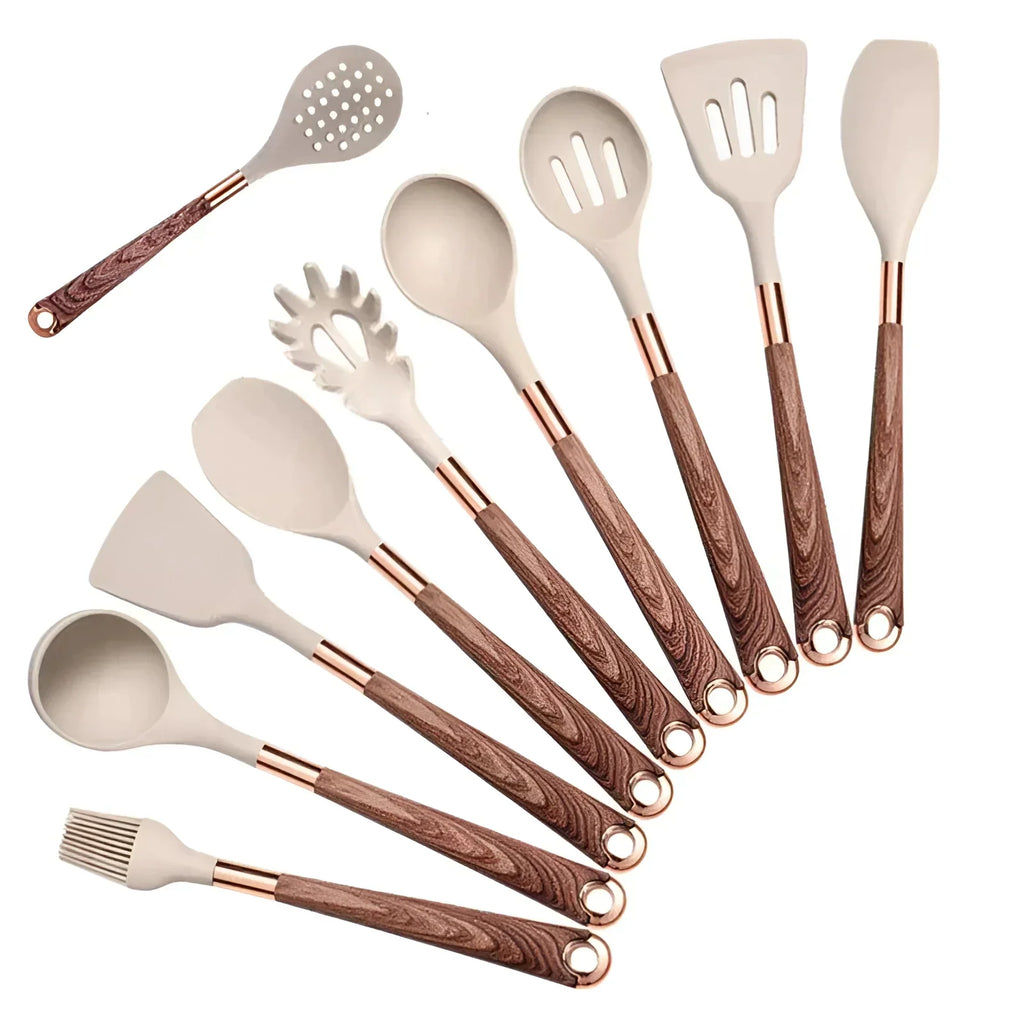 Kitchen Utensils Set with Silicone Heads and Wooden Handles,  10-Piece