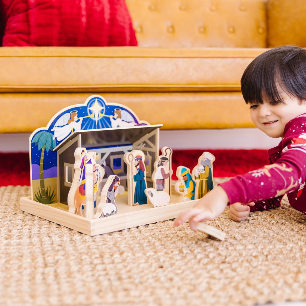 Nativity Set with 11 Wooden Figures and Four Piece Stable, Story Guide