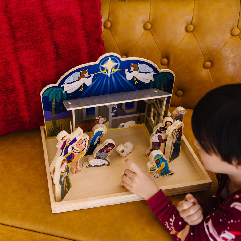 Nativity Set with 11 Wooden Figures and Four Piece Stable, Story Guide