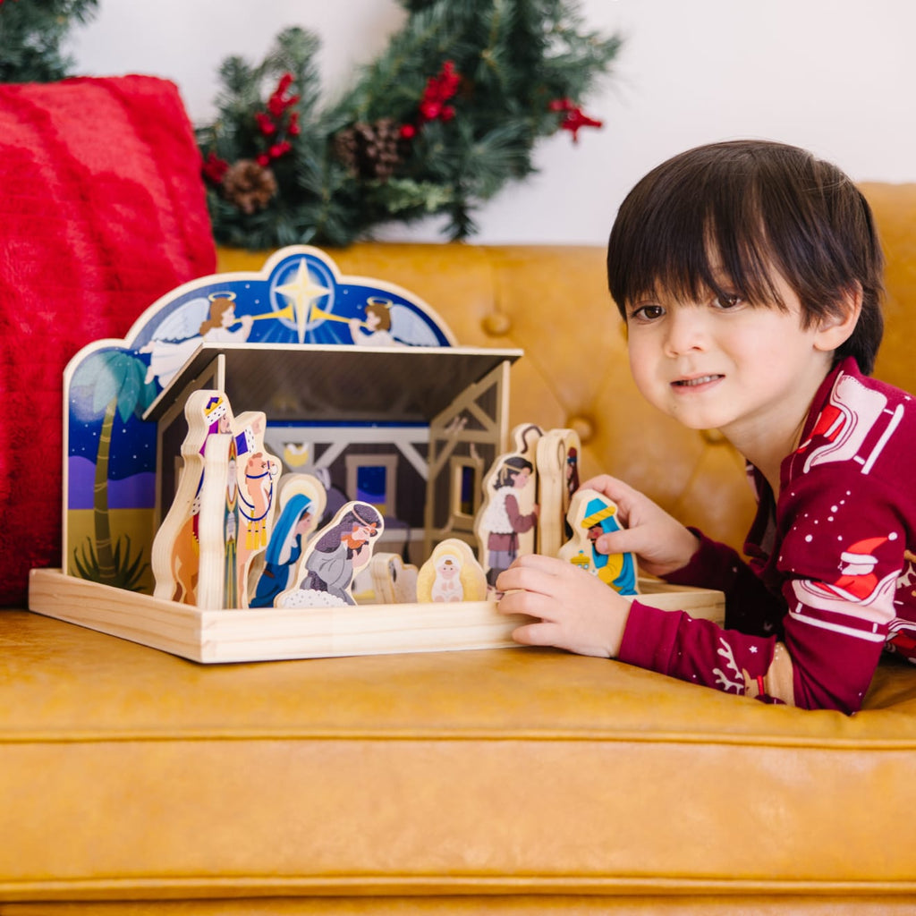 Nativity Set with 11 Wooden Figures and Four Piece Stable, Story Guide