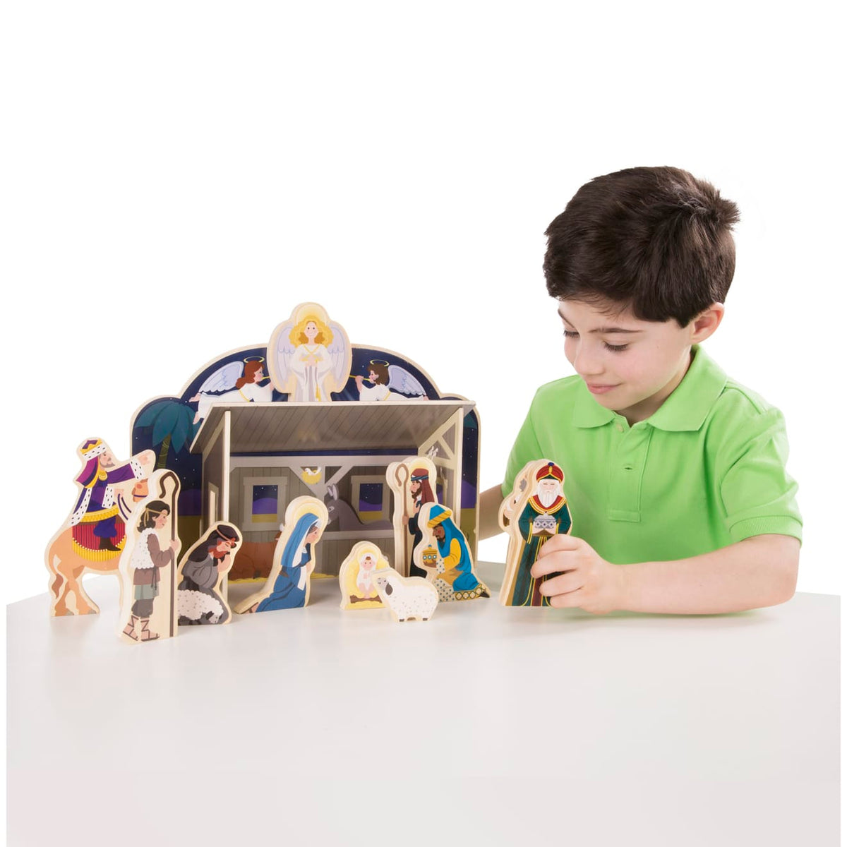 Nativity Set with 11 Wooden Figures and Four Piece Stable, Story Guide