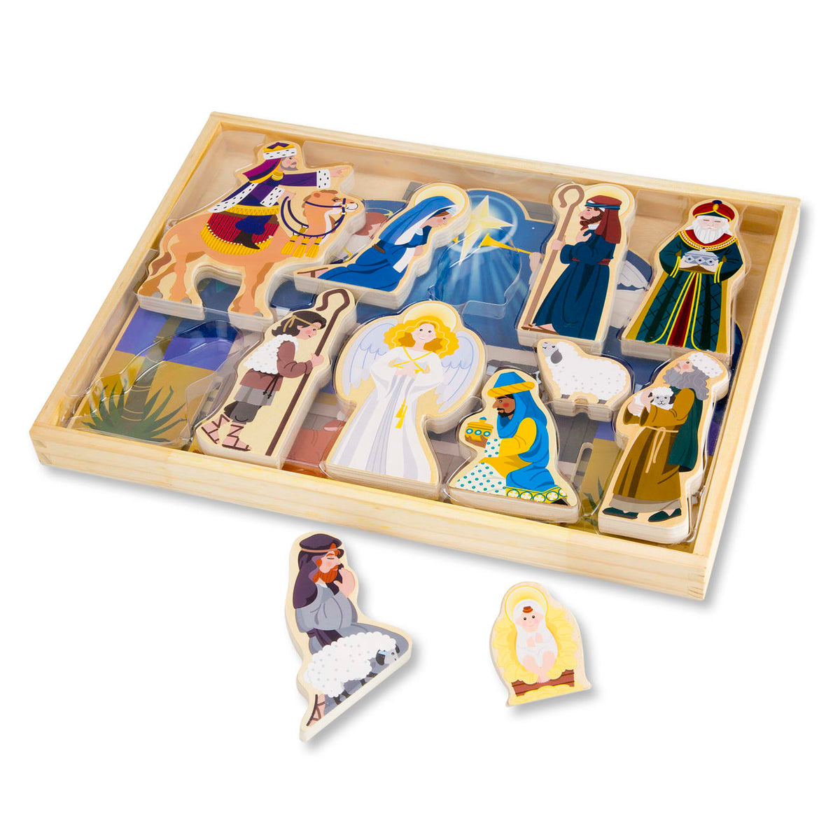 Nativity Set with 11 Wooden Figures and Four Piece Stable, Story Guide