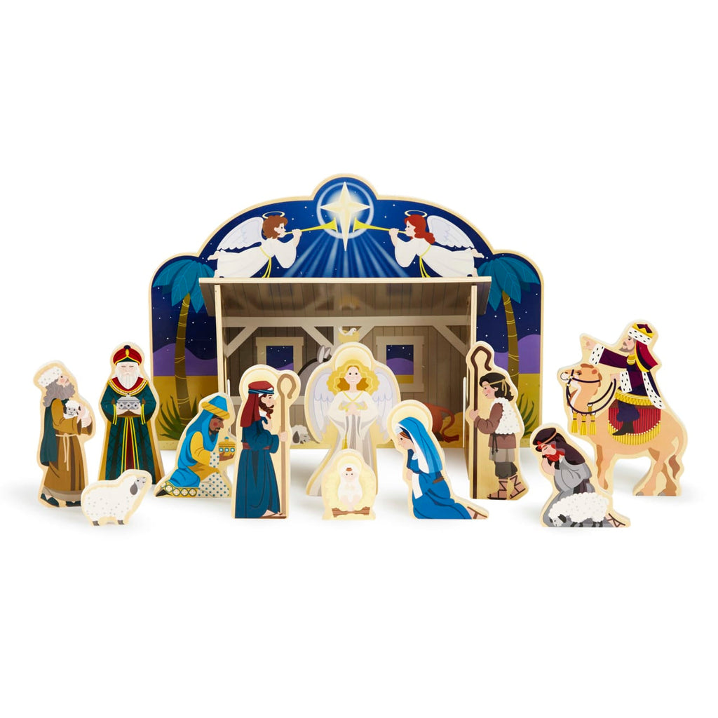 Nativity Set with 11 Wooden Figures and Four Piece Stable, Story Guide