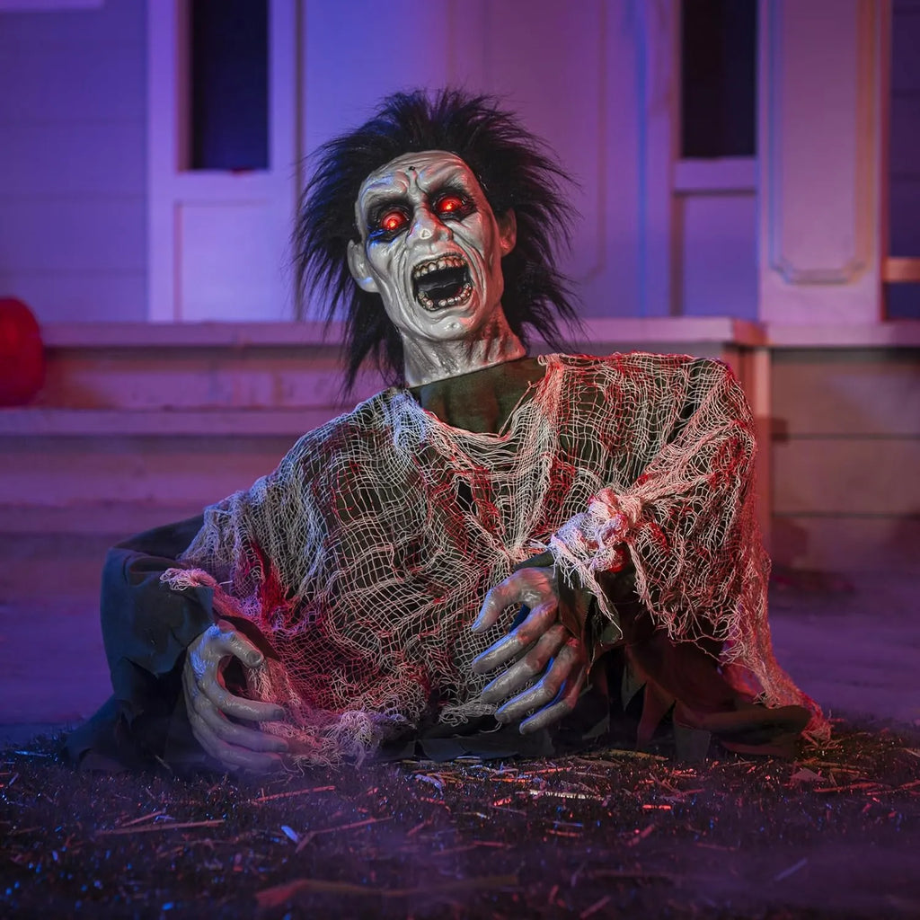Halloween Outdoor Decoration Zombie Groundbreaker, Animatronics Zombie Props Halloween Outside Decor, Animated Groundbreaker with Sound & Glowing Eyes for Graveyard Lawn Yard Haunted House Decor
