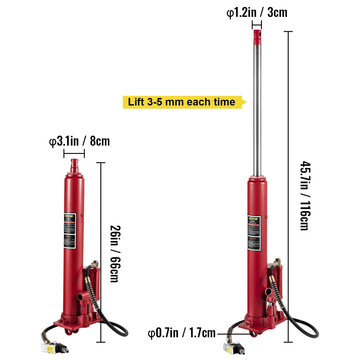 VEVOR Hydraulic / Pneumatic Long Ram Jack, 8 Tons/17363 lbs Capacity, with Single Piston Pump and Clevis Base, Manual Cherry Picker w/Handle, for Garage/Shop Cranes, Engine Lift Hoist, Red
