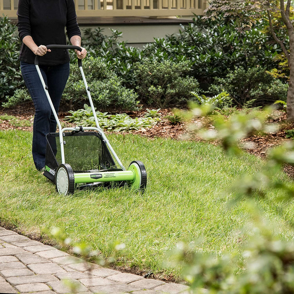 Greenworks 16-Inch Reel Lawn Mower with Grass Catcher 25052，Black/Green， 47D x 22W x 29.75H💝 Last Day For Clearance
