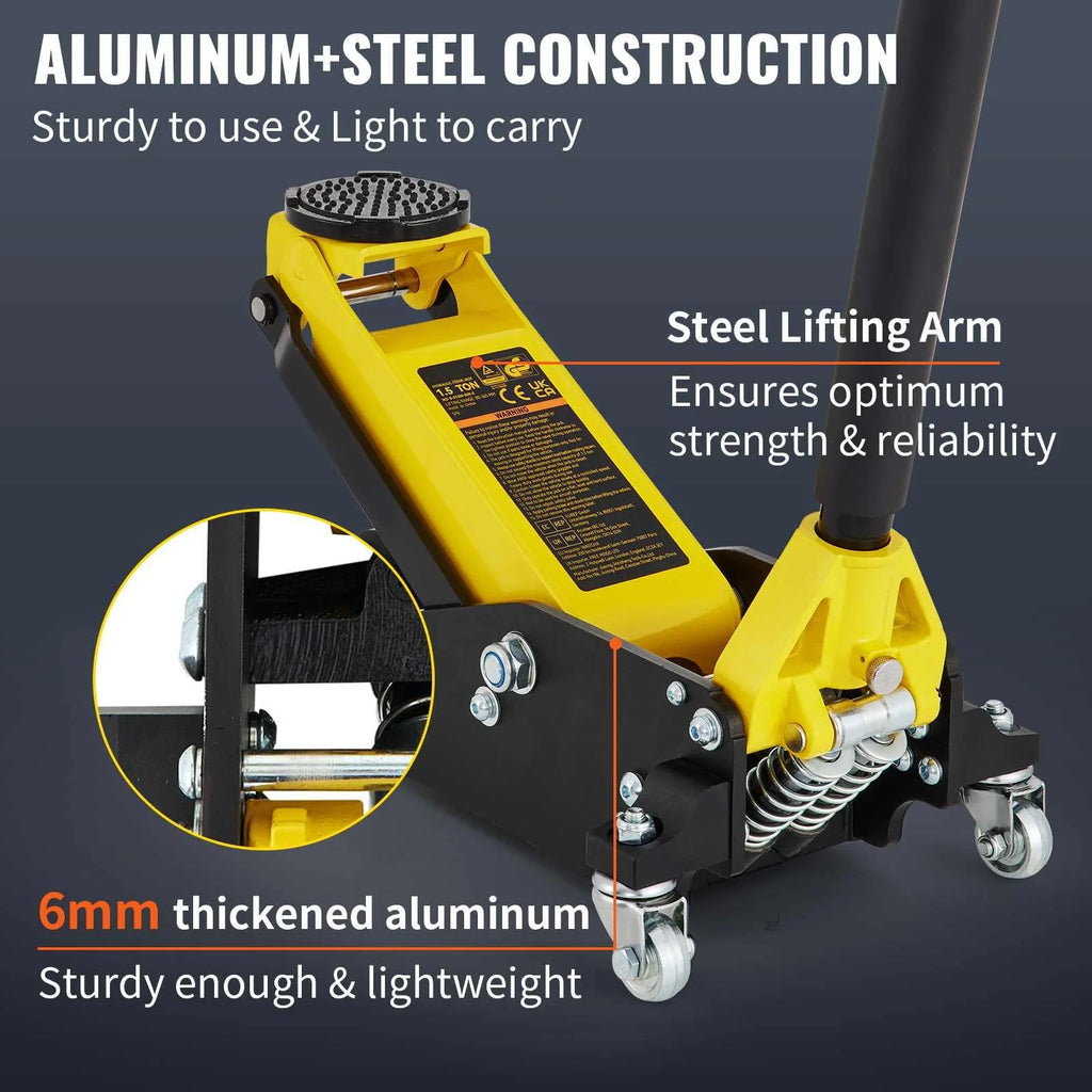 BENTISM Low Profile Floor Jack 1.5 Ton (3300 lbs), Aluminum and Steel Hydraulic Racing Floor Jack, Dual Piston Quick Lift Pump, 3-3/20 - 14-10/27 Height Lifting Range, Yellow+Black