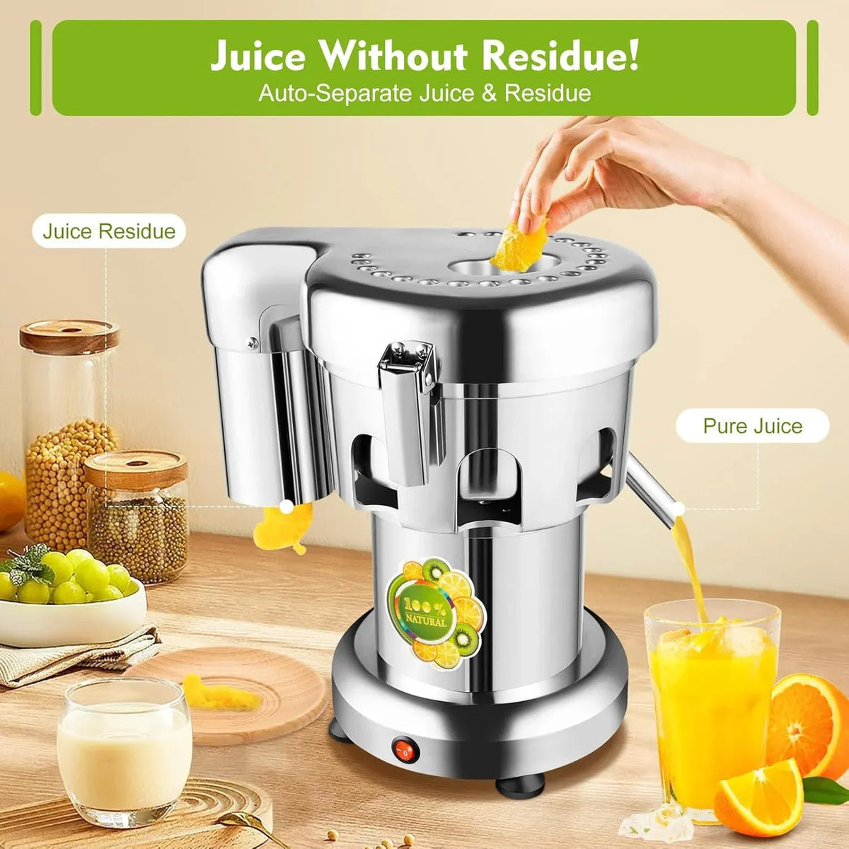 Commercial Juice Extractor, 370W 110V Electric Stainless Steel Juicer for Fruit Vegetable Heavy Duty Centrifugal Juicer Machine Juice & Residue Separated Low Noise