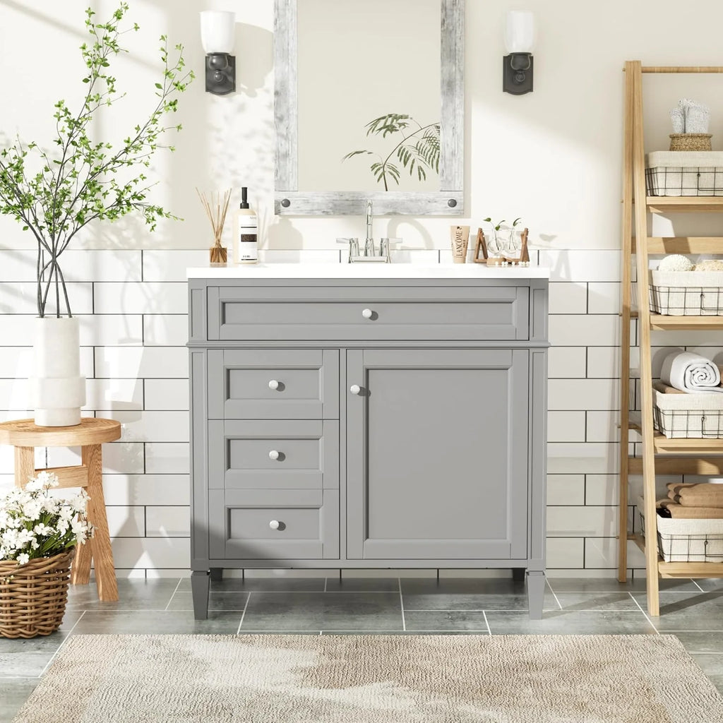 36 Bathroom Vanity with Single Sink Combo, Modern Undermount Bathroom Sink Cabinet with 2 Drawers and a Tip-Out Drawer, Freestanding Bathroom Vanities, Soft Closing, Solid Wood Frame