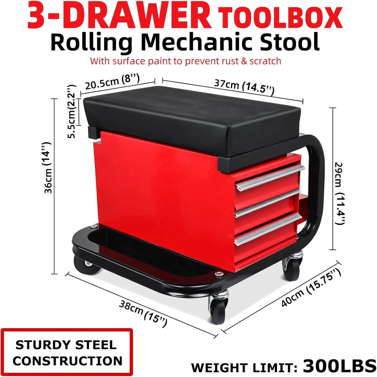 Toolly Mechanic Stool with Wheels, Padded Creeper Seat with 3 Drawers and Cupholder, Rolling Shop Stool Tool Box Chair for Garage and Workshop, 300 Lbs Capacity